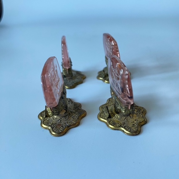 Antique Czech Glass Place Cards Holders: Set of 4, Pink Intaglio Glass - Picture 8 of 11